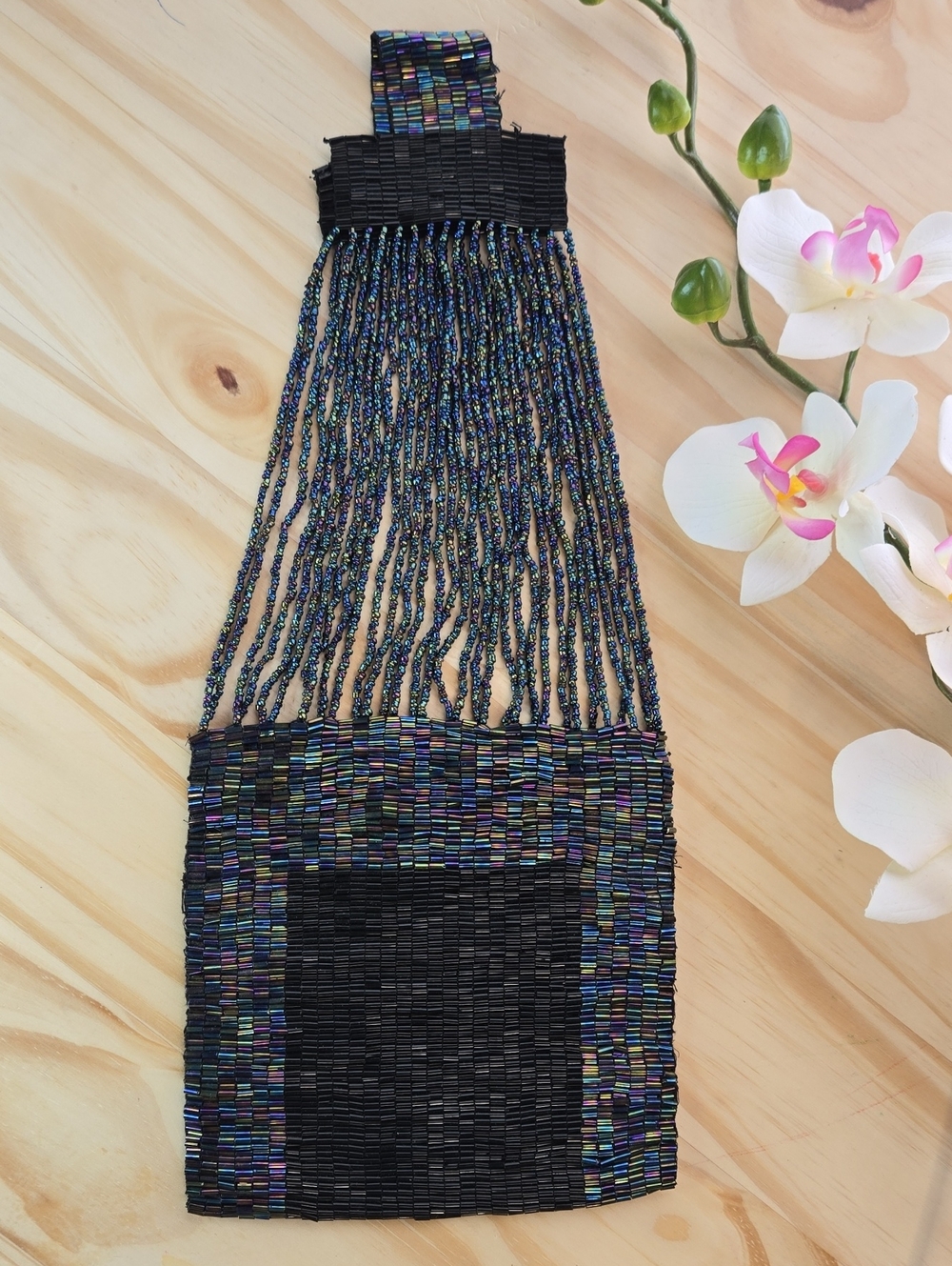 Hand-Beaded Black Multicolor Fringe Skirt Panel